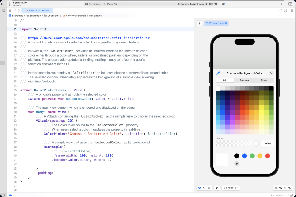 Xcode project showing SwiftUI code beside an iPhone preview