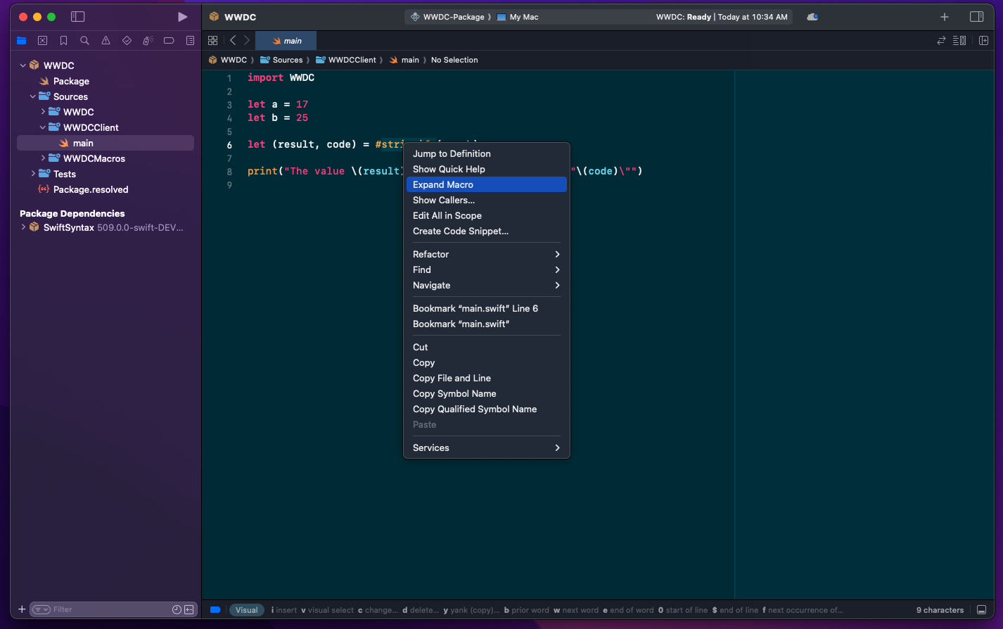 Xcode context menu showing the Expand Macro command