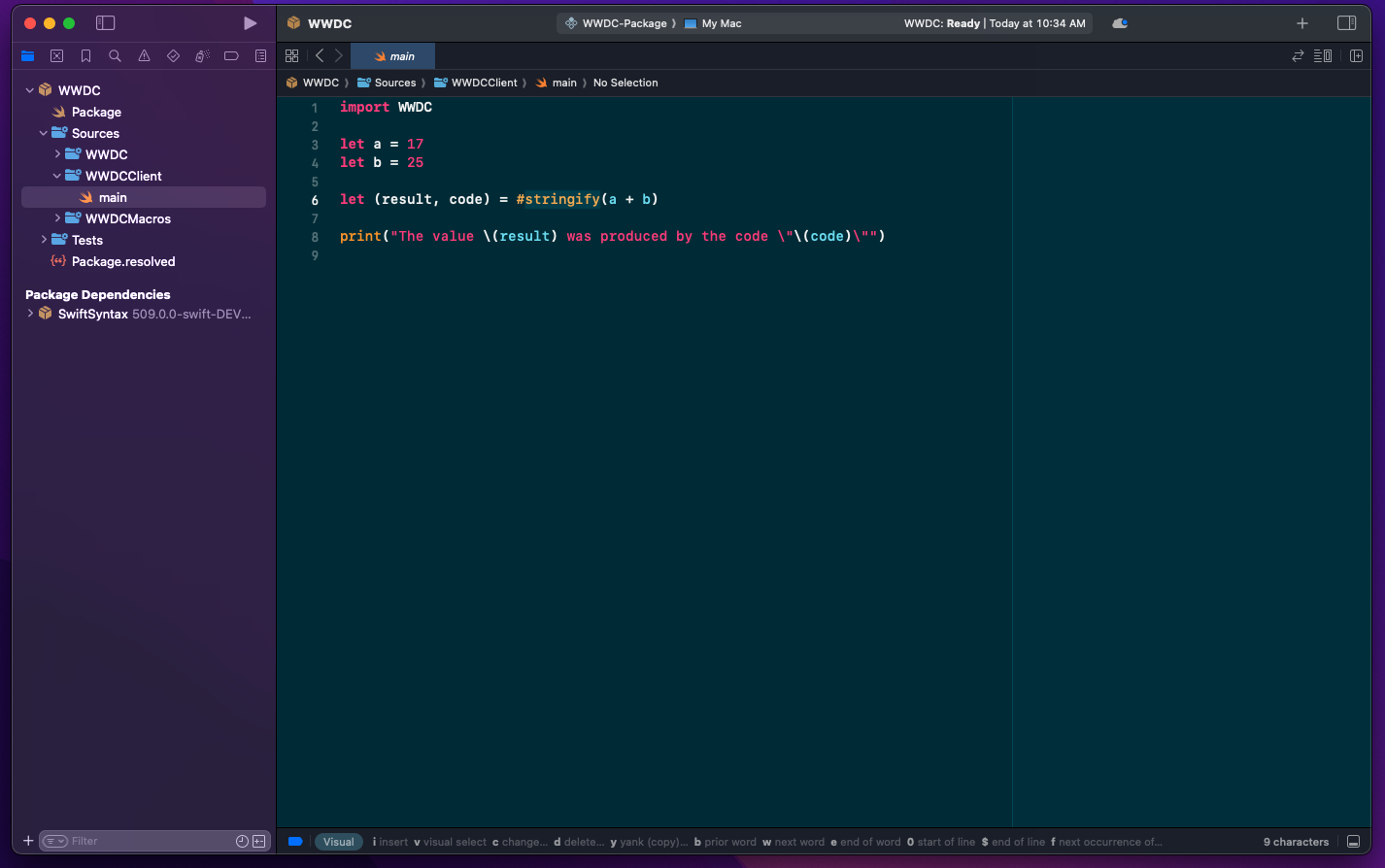 Xcode editor showing a sample main.swift file using the stringify macro