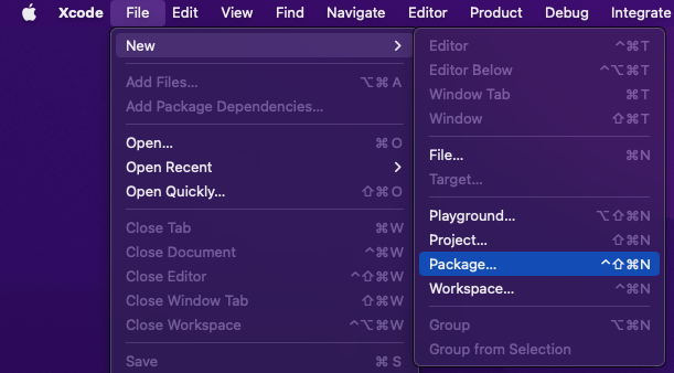 Xcode File New Package menu for creating a Swift package