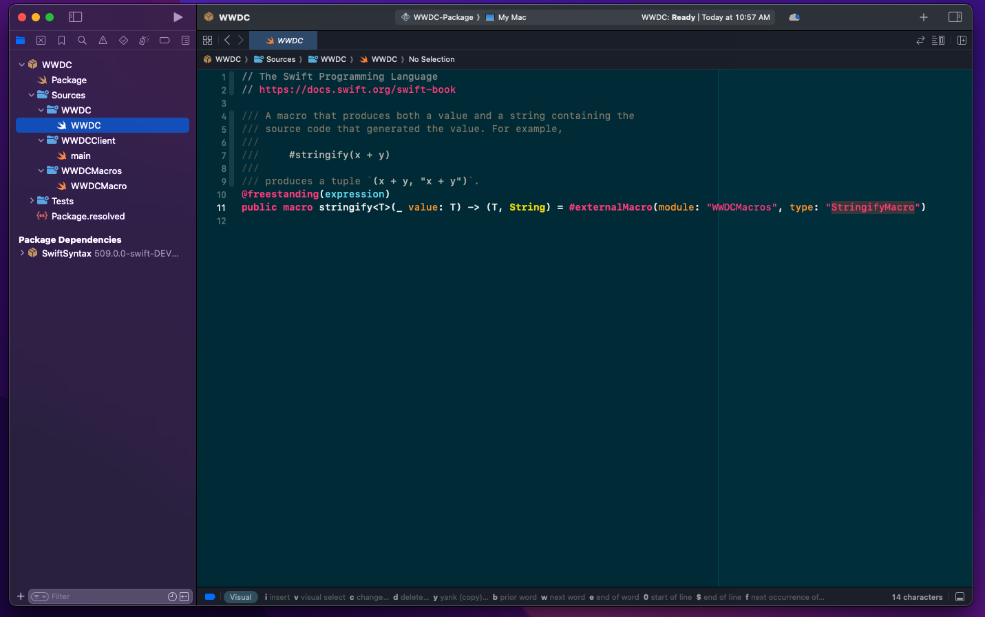 Xcode project navigator showing a generated Swift macro package