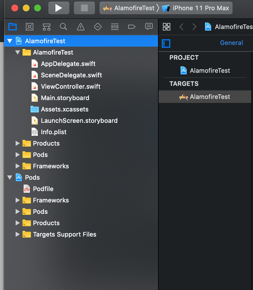 Open the xcworkspace file and check that the Alamofire libraries are there
