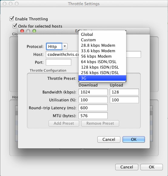 Charles Proxy Throttling Menu For Specific Host