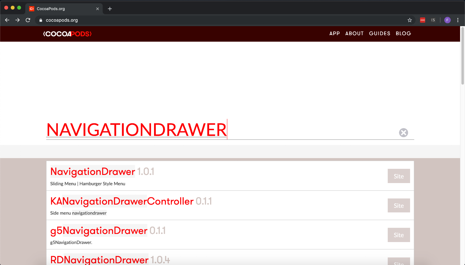 Browsing libraries on Cocoapods.org