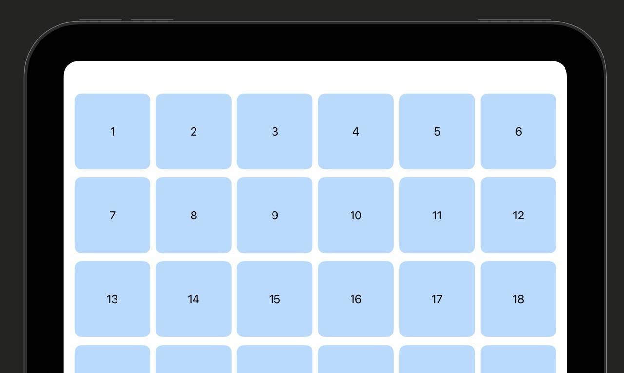 Two side-by-side comparisons: On the left, an iPhone showing 3 adaptive columns of grid cells. On the right, the same code running on a wider device showing 5 columns — demonstrating how the adaptive column type automatically adjusts the column count based on available width.