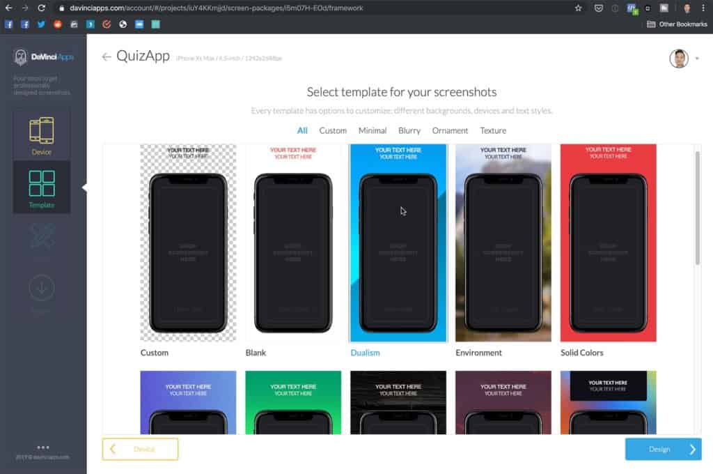 Davinci Apps - selecting a template
