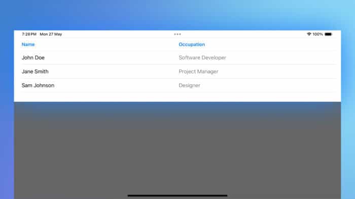 SwiftUI Table example displayed in the iOS simulator