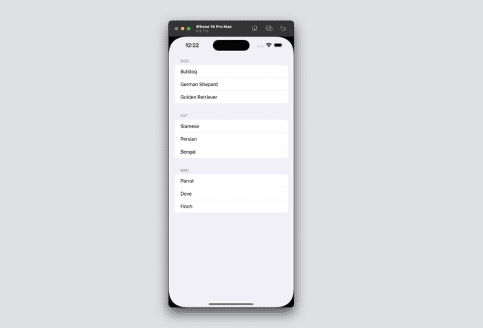 SwiftUI sectioned List example in the iOS simulator