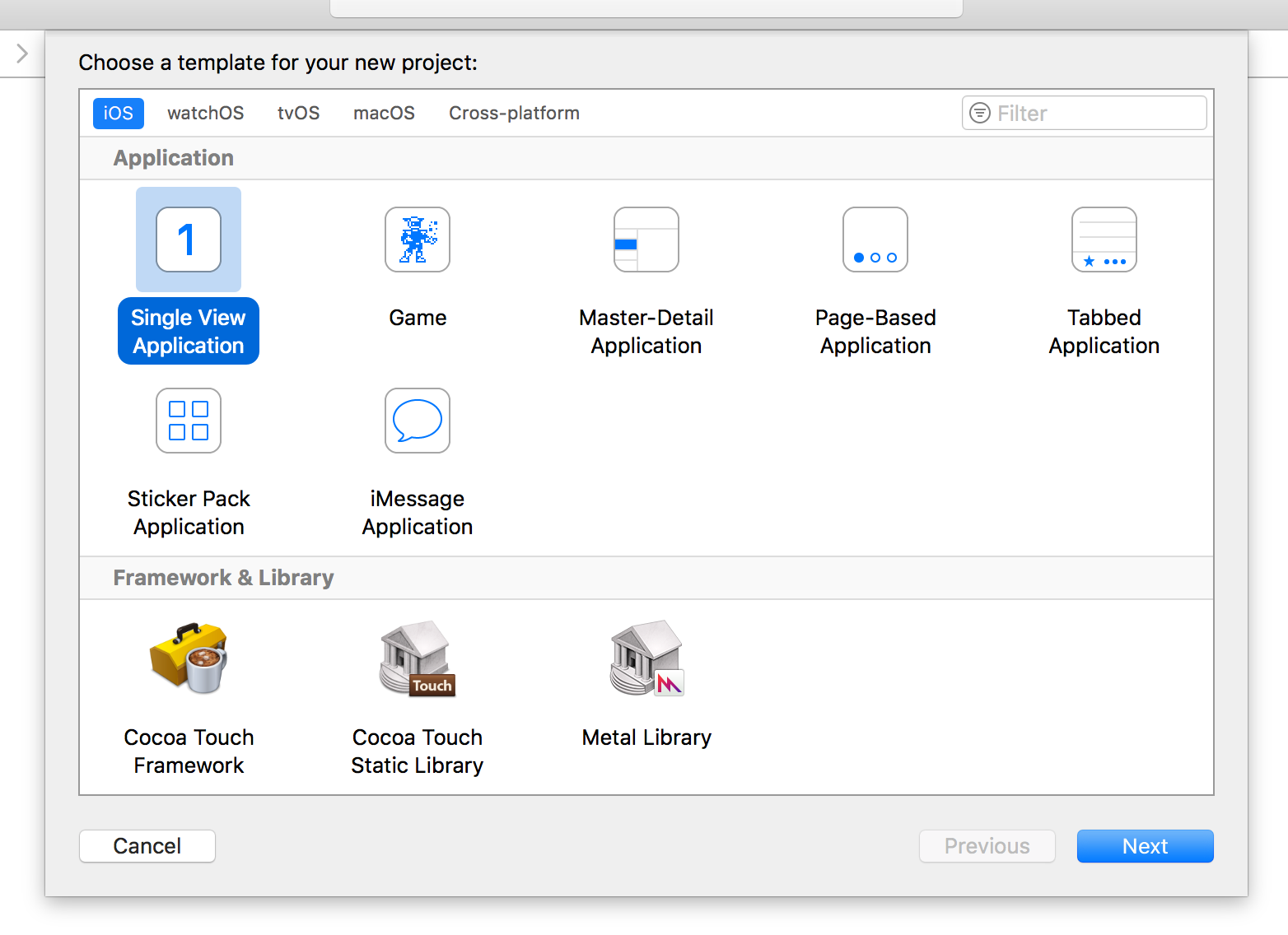 Choose Single View Application for the Xcode Project Template