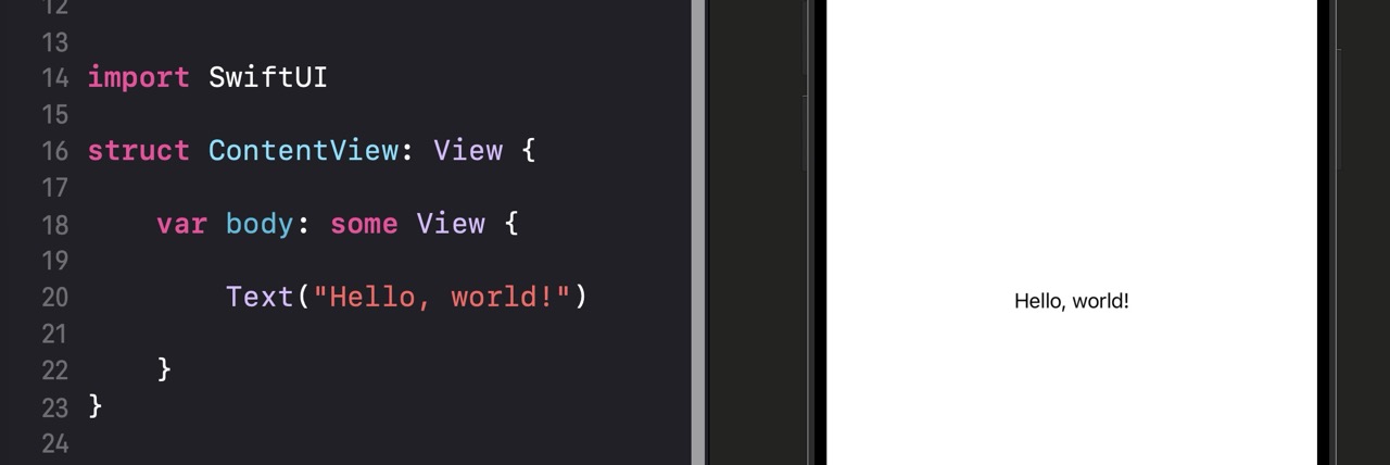 Xcode canvas preview showing the default ContentView with 'Hello, world!' text centered on a white background, and the Swift code visible on the left side of the editor