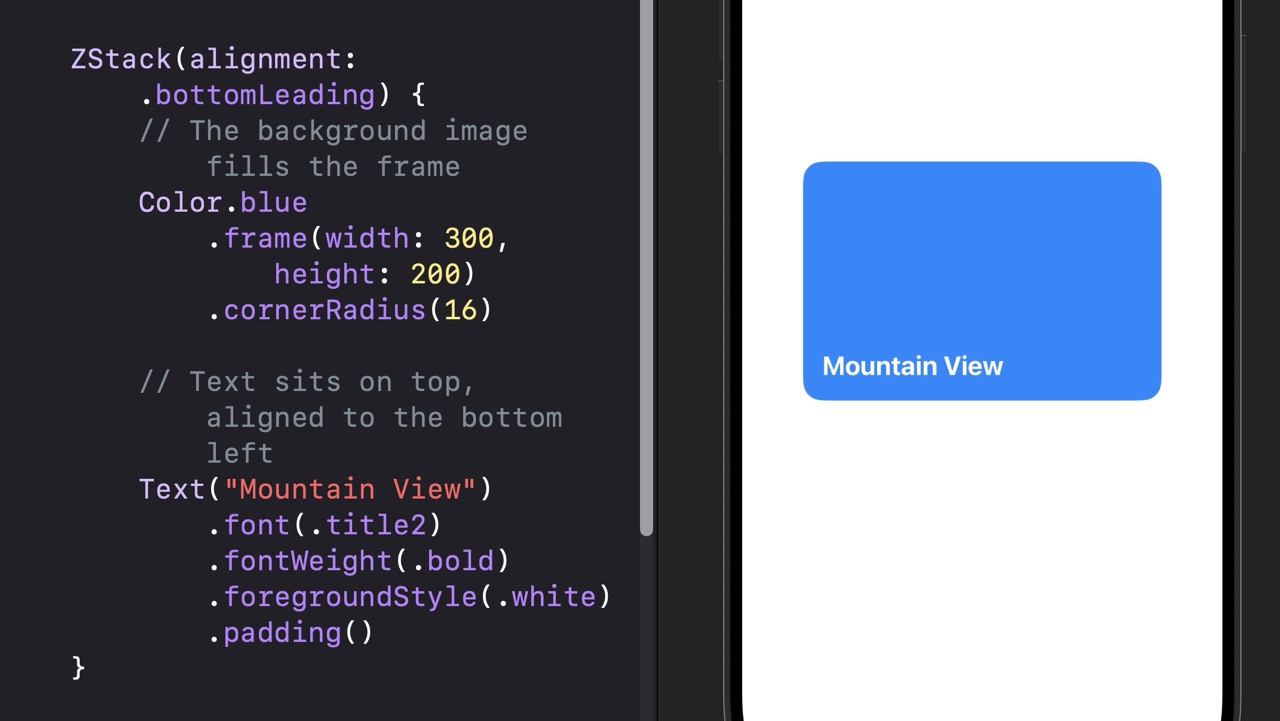 Canvas preview showing a blue rounded rectangle card (300x200 points) with bold white 'Mountain View' text overlaid in the bottom left corner, styled with padding