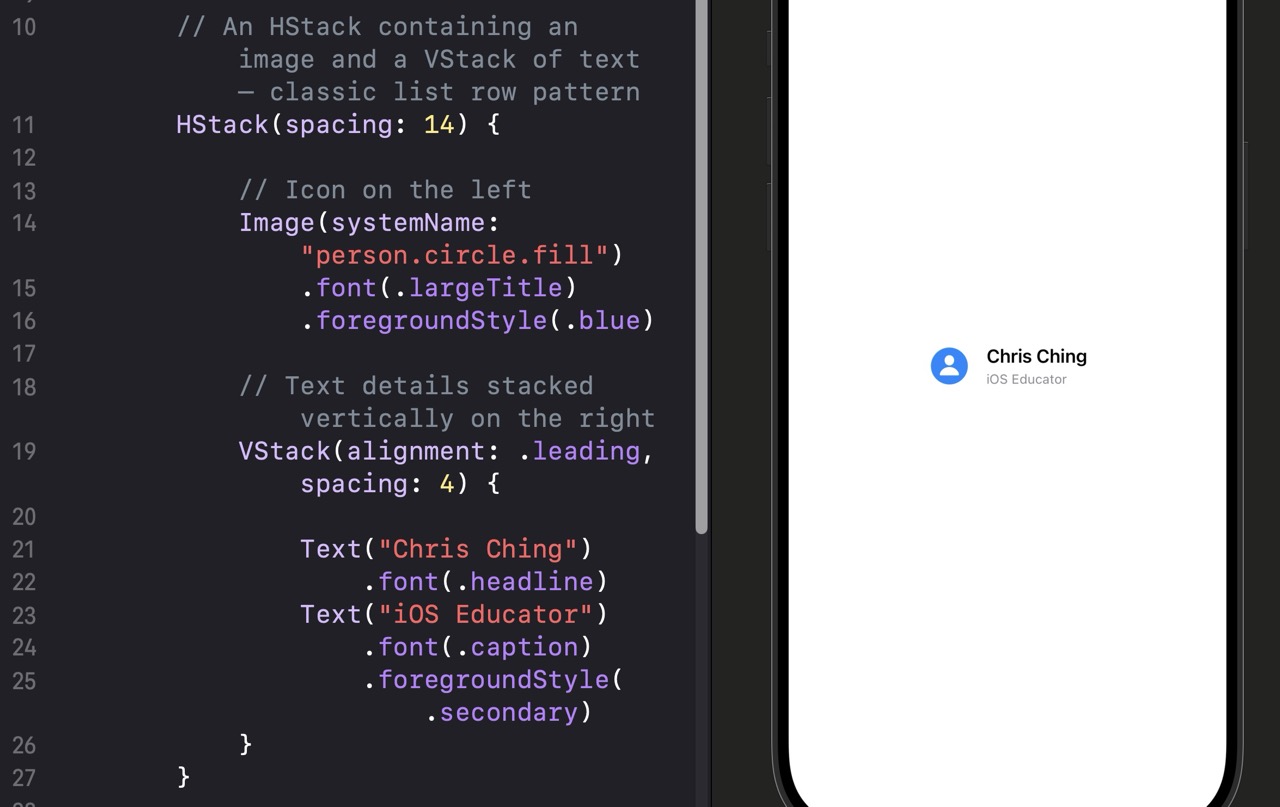 Canvas preview showing a horizontal stack with a large blue person circle icon on the left, and on the right a VStack with 'Chris Ching' in headline weight and 'iOS Educator' in a smaller muted caption below it