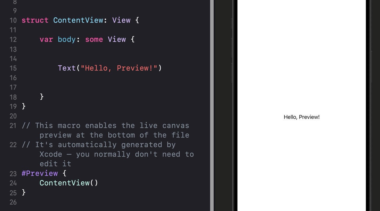 Xcode split-screen showing ContentView code on the left and the canvas preview panel on the right, with a white phone frame displaying 'Hello, Preview!' centered on screen. The canvas toolbar with Resume button is visible at the top.