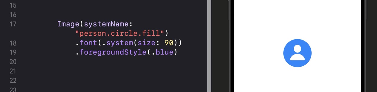 Canvas preview showing a large blue person.circle.fill SF Symbol at 90pt font size, centered on a white background — serving as a profile avatar placeholder