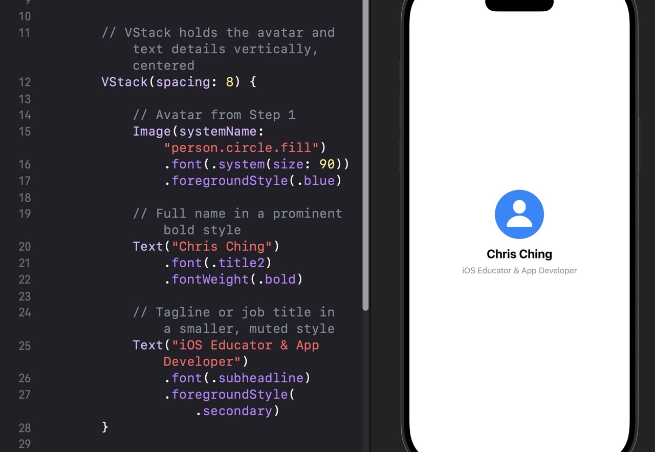 Canvas preview showing the profile card after Step 2: a large blue person icon at the top, followed by 'Chris Ching' in bold title2 text, and 'iOS Educator & App Developer' in a smaller muted gray subheadline, all centered vertically