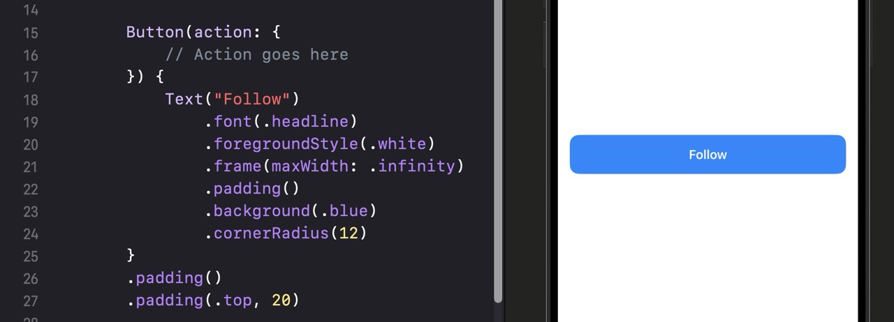 Canvas preview showing the complete finished profile card: a large blue person avatar icon, 'Chris Ching' in bold title2 text, 'iOS Educator & App Developer' in muted subheadline, a three-stat row (248 Posts, 12.4K Followers, 540 Following), and a full-width blue 'Follow' button with rounded corners — all centered and padded on a white background