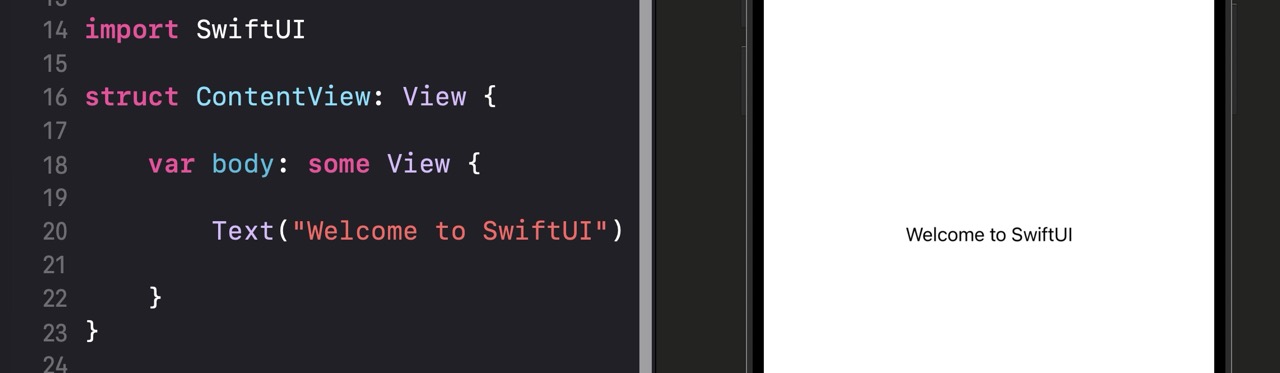 Canvas preview showing the text 'Welcome to SwiftUI' in the default system font, centered on a white background