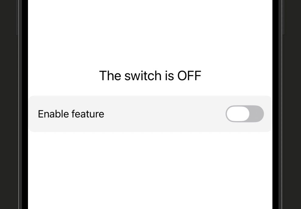 Xcode canvas showing ParentView with 'The switch is OFF' text at the top and ToggleRow with an 'Enable feature' label and Toggle control below it