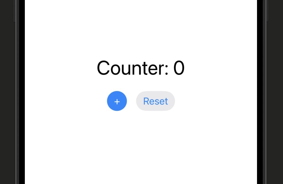 Xcode canvas showing CounterView with 'Counter: 0' in large text and two buttons below: a blue '+' button and a grey 'Reset' button