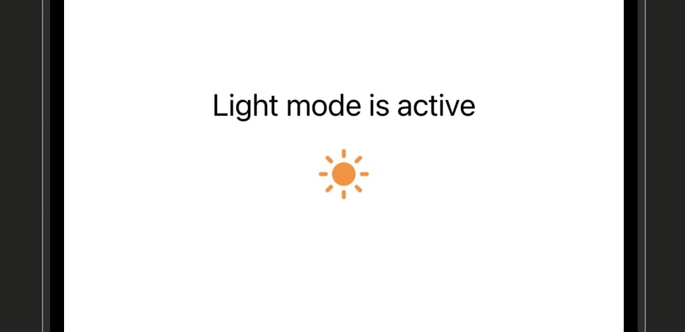 Xcode canvas showing AppearanceAwareView with 'Light mode is active' text and a sun icon in orange, alongside the dark mode preview showing 'Dark mode is active' and a white moon icon