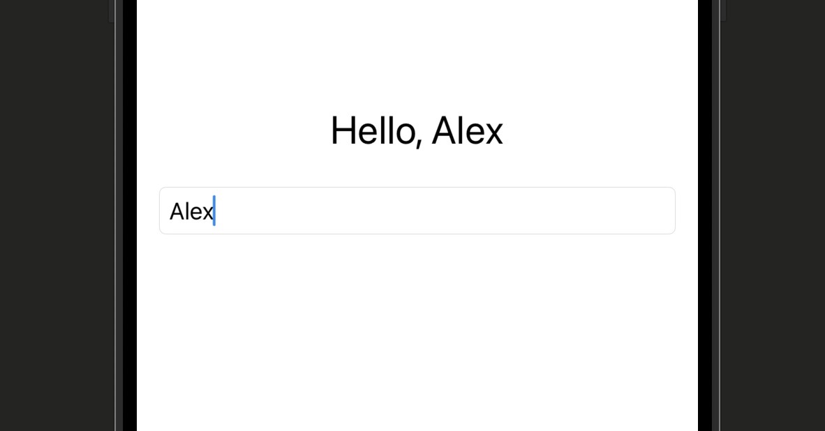 Xcode canvas showing RootView with 'Hello, Alex' header text and a text field below containing 'Alex' — editing the text field live updates the header
