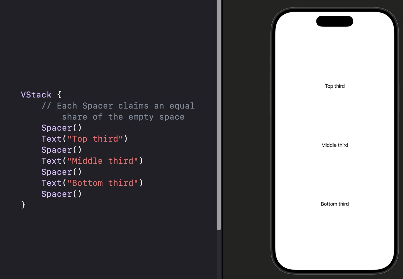 VStack with four spacers and three text labels. 'Top third' appears near the upper quarter of the screen, 'Middle third' is perfectly centered, and 'Bottom third' is near the lower quarter. Equal empty space surrounds each label.