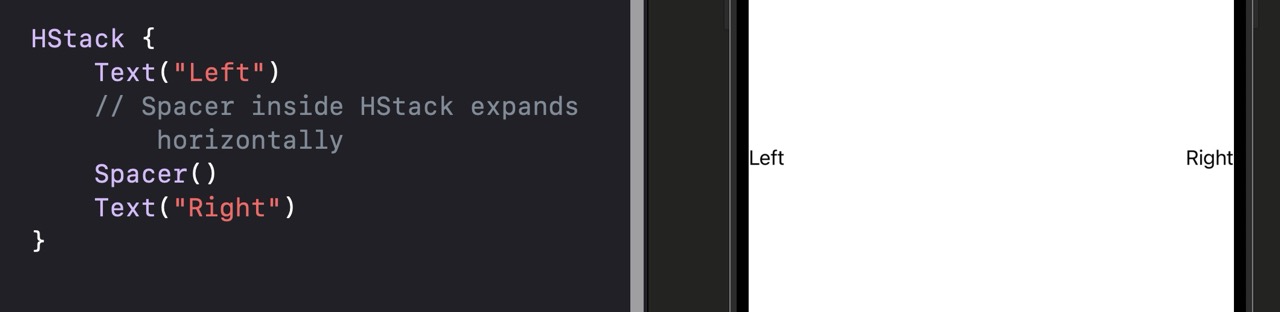 HStack row with 'Left' text aligned to the left edge of the screen and 'Right' text aligned to the right edge. A large horizontal gap fills the space between them.