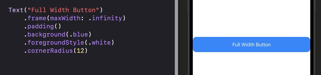 A blue rounded rectangle button stretching the full width of the screen with white 'Full Width Button' text centered inside it. The button has padding between the text and its edges, and 12-point corner radius.