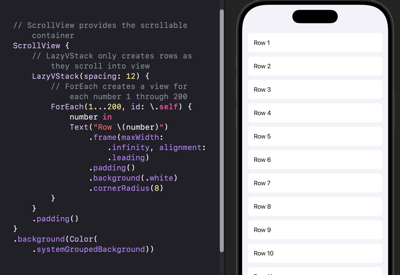 A vertically scrollable list of white card rows on a gray grouped background. Each row shows 'Row 1', 'Row 2', etc. with left-aligned text and padding. Only the rows currently visible on screen are shown — rows 1 through approximately 12 are visible before the list continues off the bottom of the screen.
