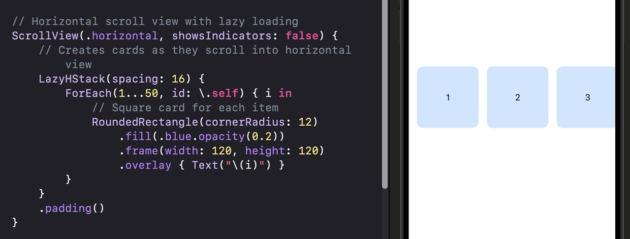A horizontal scroll row showing blue-tinted square cards numbered 1 through 6, with cards 7 and beyond partially visible or cut off at the right edge. Cards have 16pt spacing between them and rounded corners.
