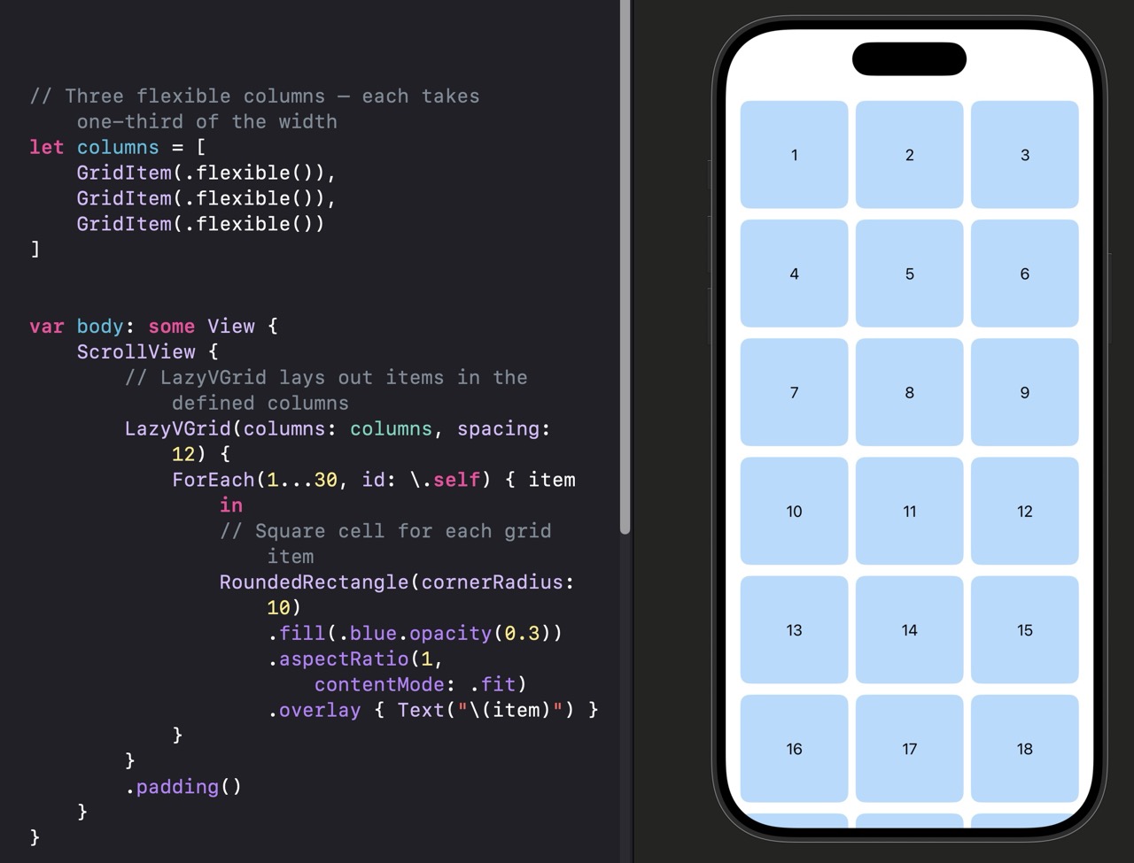 A three-column grid of blue-tinted square cells numbered 1 through 30. Each cell has rounded corners and a number centered inside. The grid has 12pt spacing between cells and is inset from the screen edges with padding. Rows continue below the visible area.