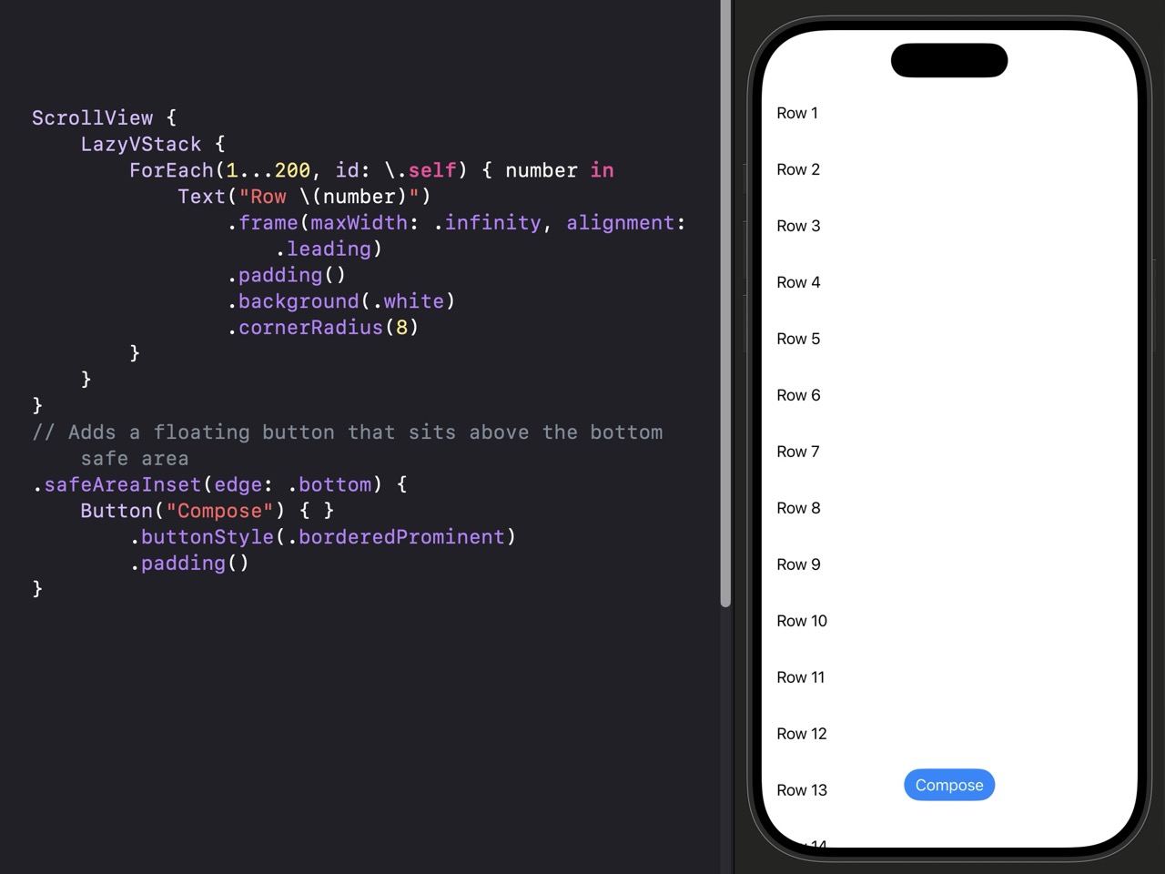 A scroll view with list content. A 'Compose' blue button floats above the bottom of the screen, sitting just above the home indicator. The list content's last item has extra bottom padding so it's not hidden behind the floating button — this demonstrates safeAreaInset pushing the scroll content up.