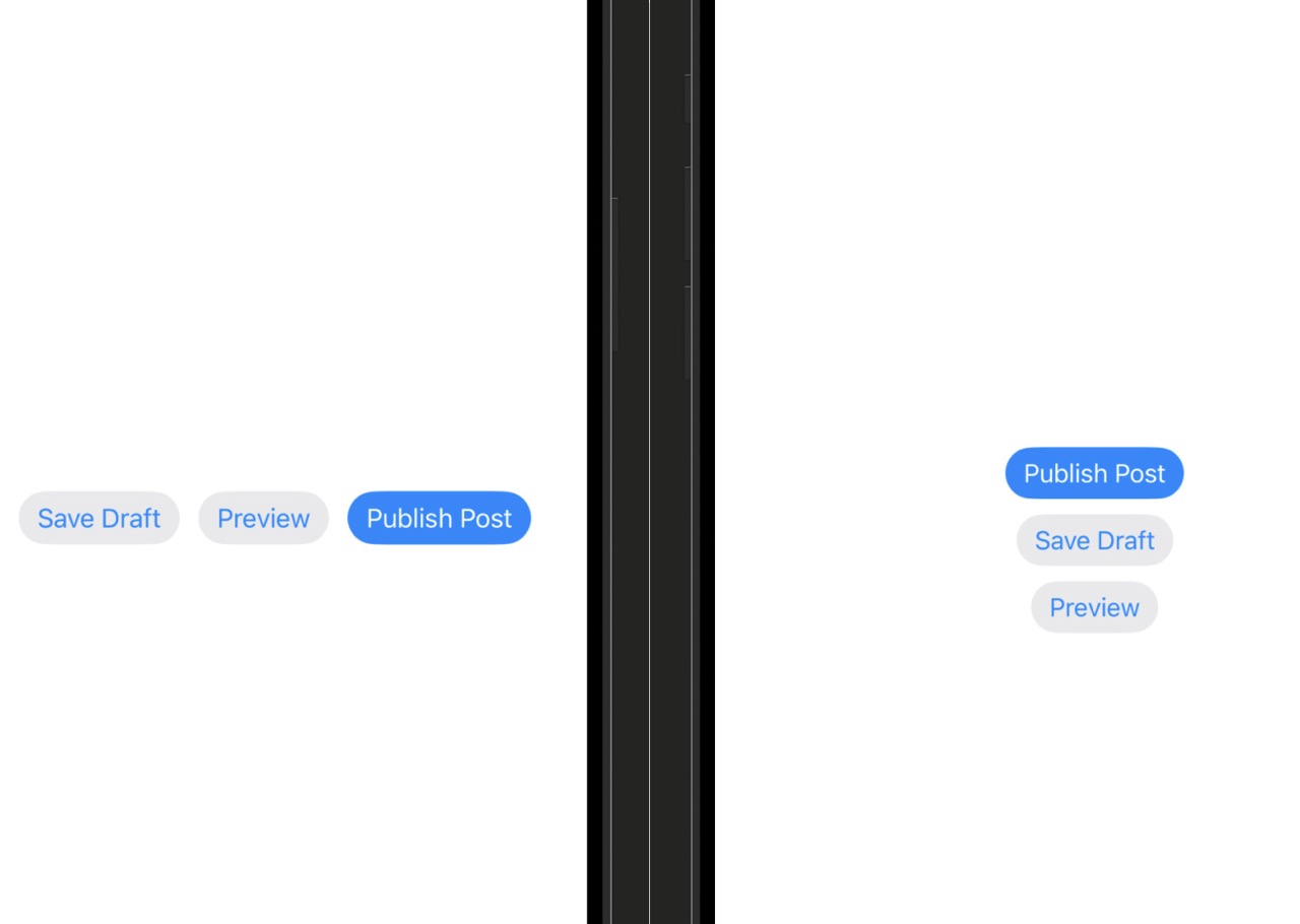 Side by side comparison: On the left, a wide container showing three buttons ('Save Draft', 'Preview', 'Publish Post') arranged horizontally in a single row with the HStack layout. On the right, a narrow container showing the same three buttons stacked vertically with full-width styles, using the VStack fallback layout.