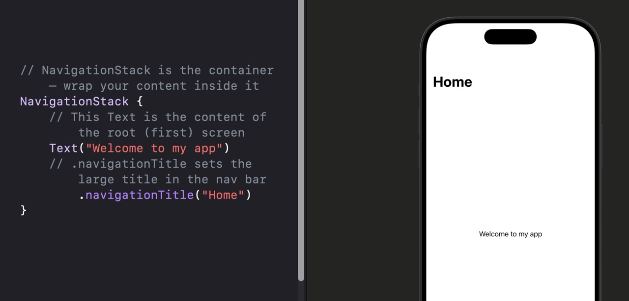 Xcode canvas showing a SwiftUI view with a NavigationStack — a large bold 'Home' title at the top and 'Welcome to my app' text below it in the center of the screen