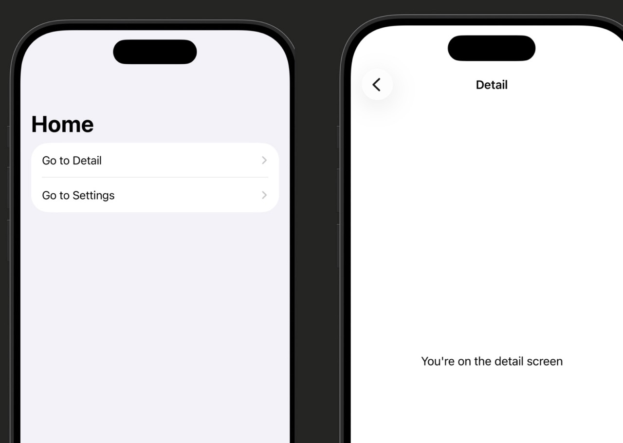 Simulator screenshot showing two screens: left is the Home list screen with two rows ('Go to Detail' and 'Go to Settings') each showing a chevron arrow on the right; right is the Detail screen with an inline 'Detail' title and a back button labeled 'Home' in the top left