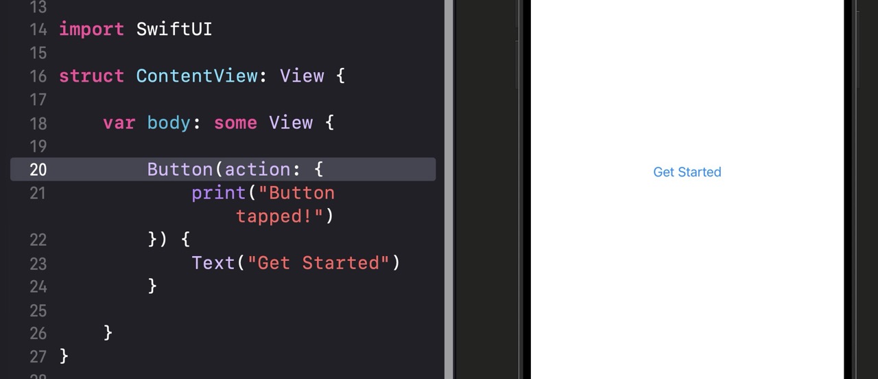 Canvas preview showing a blue 'Get Started' text button centered on a white background, styled in the default SwiftUI button appearance