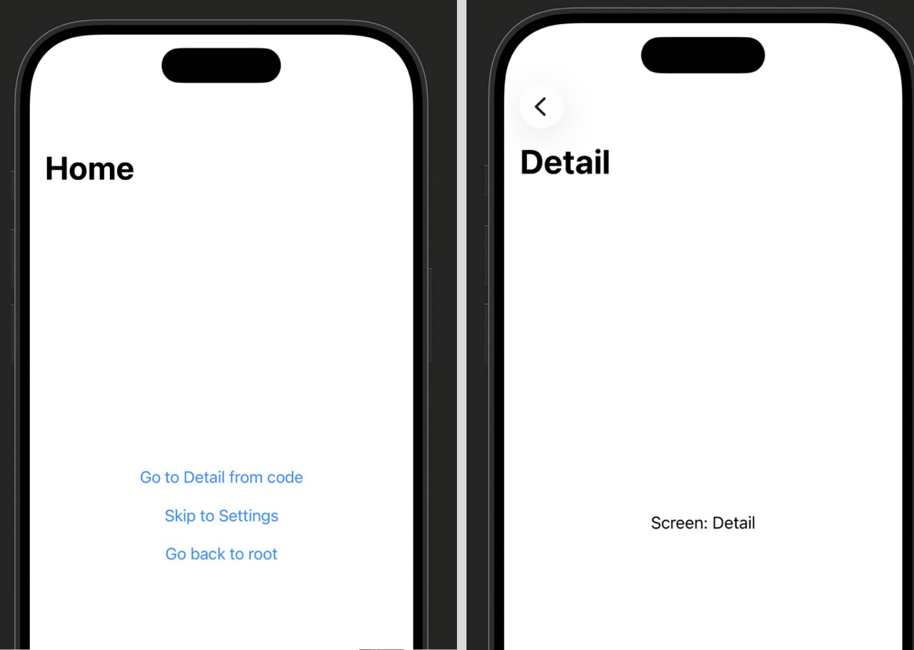 Simulator screenshot showing two states: the Home screen with three buttons, and the Detail screen after tapping 'Go to Detail from code', with the screen title 'Detail' and a back button labeled 'Home'