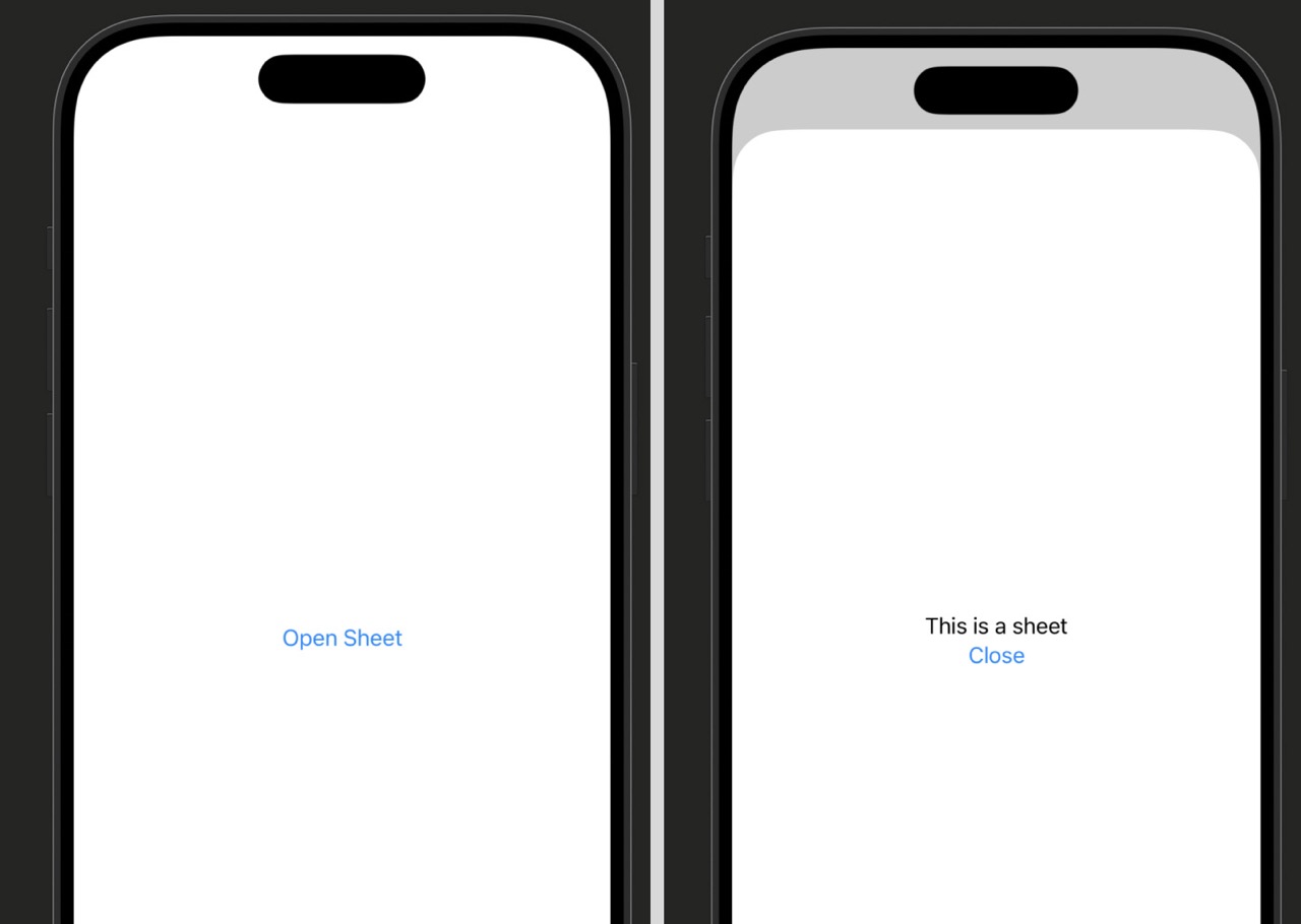 Simulator screenshot showing two states: first the ContentView with an 'Open Sheet' button; second the sheet slid up from the bottom with the sheet content view visible and the ContentView partially visible behind it at the top