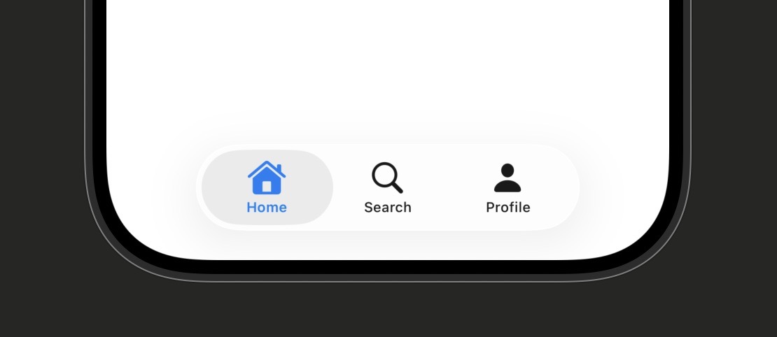 Simulator screenshot showing a TabView with three tabs at the bottom: a house icon for Home (currently selected, blue), a magnifying glass for Search, and a person for Profile; the main area shows 'Home Screen' with a large nav title