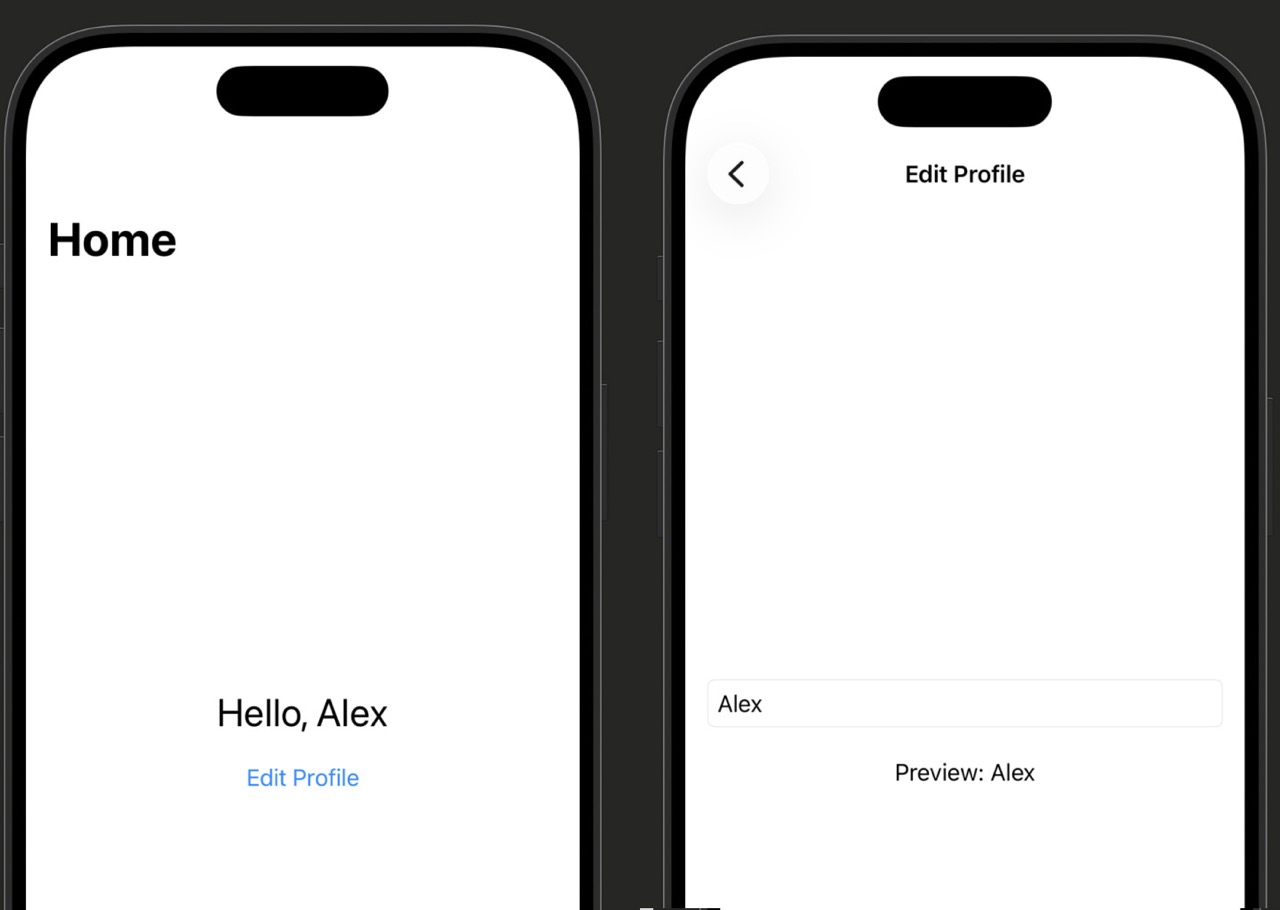 Simulator showing two screens side by side: the Home screen displaying 'Hello, Alex' and an 'Edit Profile' navigation link; then the Edit Profile screen with a text field pre-filled with 'Alex' and a preview label showing the name updating as you type