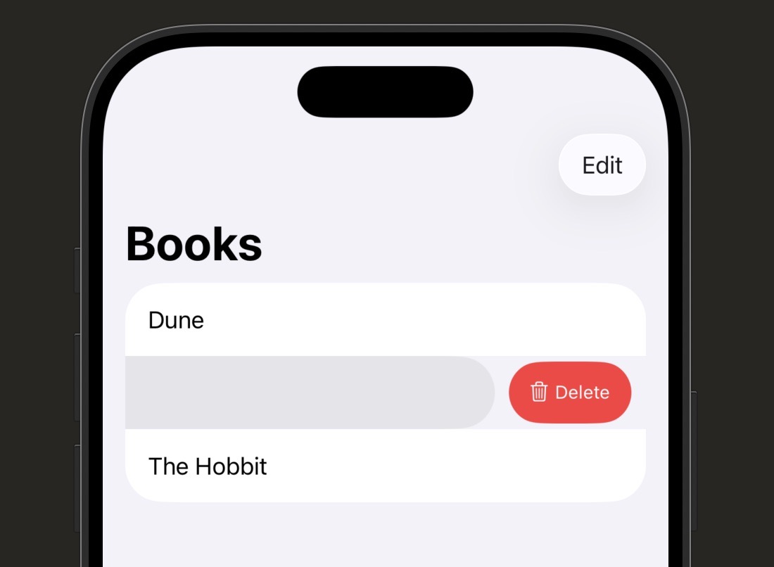 iPhone simulator showing a Books list with three rows. The middle row (1984) is swiped left, revealing a red Delete button on the trailing edge. The delete button shows a trash can icon and the word Delete.