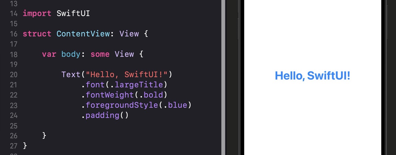 Canvas preview showing the text 'Hello, SwiftUI!' in a large bold blue font with visible padding around it, centered on a white background