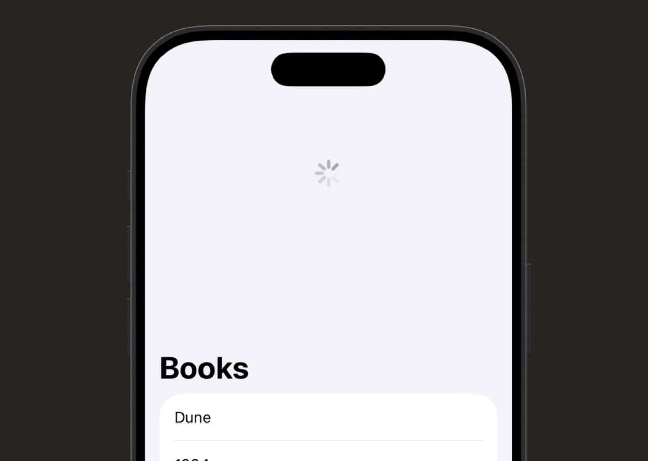 iPhone simulator showing a Books list being pulled down from the top. A circular loading spinner appears above the first row while the refresh is in progress. The navigation title 'Books' is visible at the top.