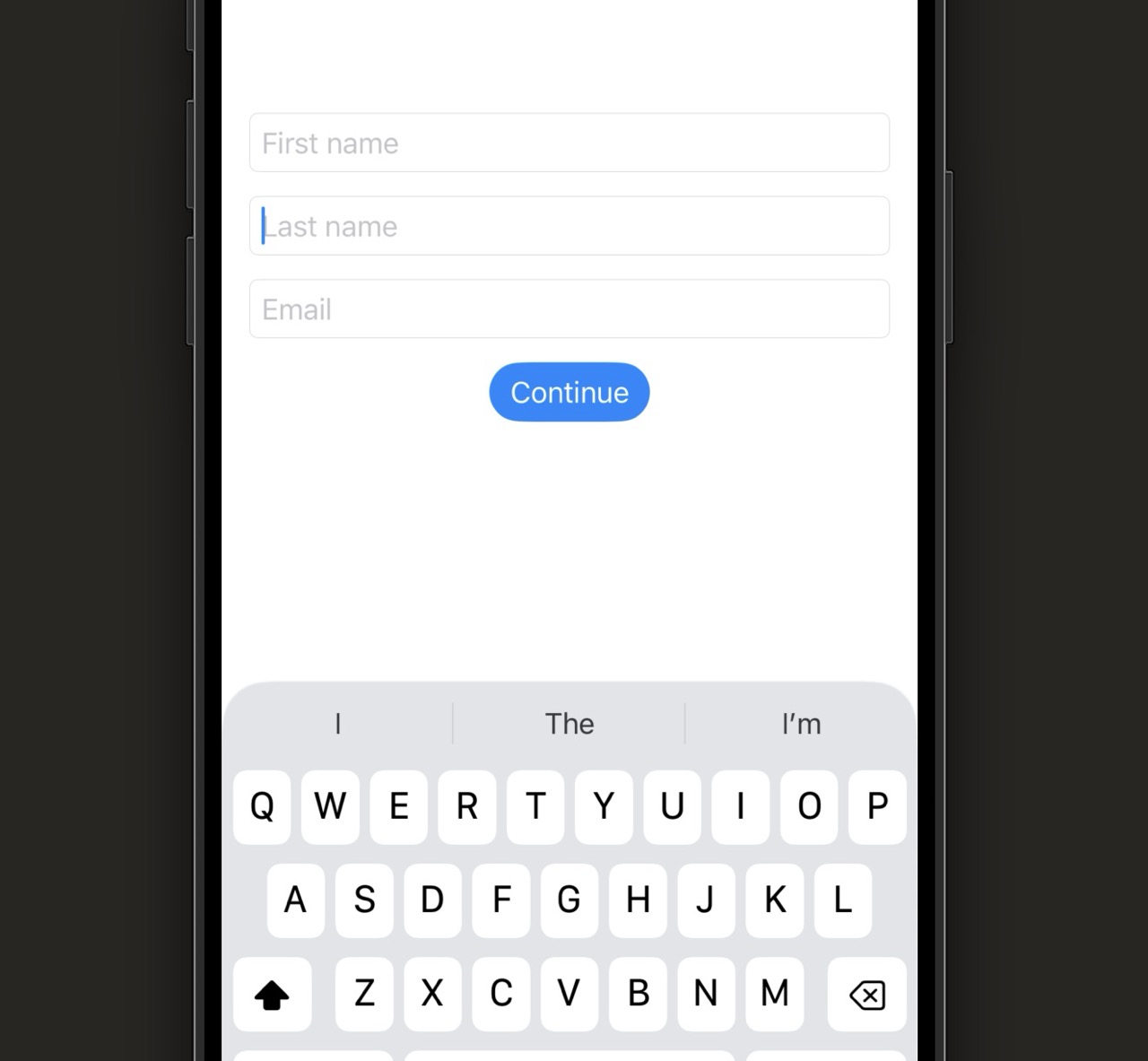 Simulator screenshot of the sign-up form with the keyboard visible. The 'Last name' TextField has a blue highlight border indicating it has focus. The keyboard's return key shows 'Next'. Above it the 'First name' field shows filled-in text. A 'Continue' button is visible above the keyboard.