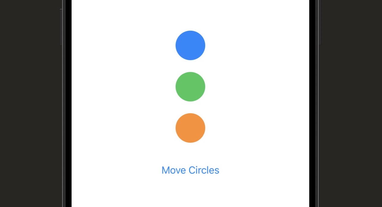 Three circles stacked vertically in blue, green, and orange. When the button is tapped, all three move to the right by the same distance, but each at a different pace and motion feel — linear is mechanical, easeInOut decelerates gently, spring overshoots and bounces.