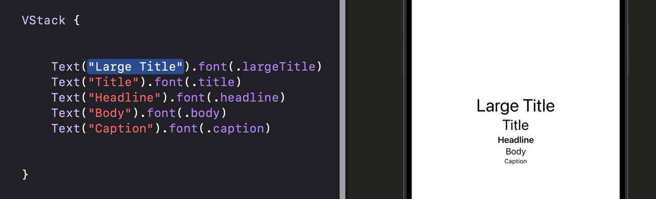 Canvas preview showing five Text views stacked vertically with decreasing font sizes from largeTitle at the top to caption at the bottom