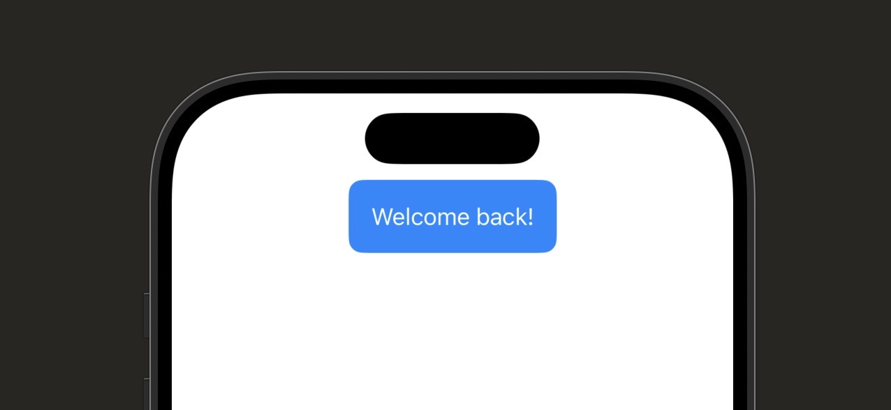 Before: only the Toggle Banner button is visible at the bottom. After: a blue 'Welcome back!' banner has slid in from the leading edge of the screen and appears at the top. Tapping again makes the banner slide back out.