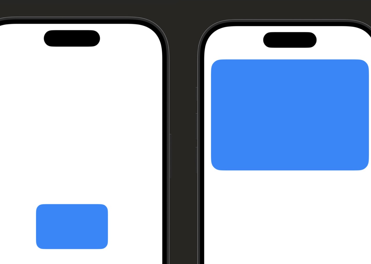 Before: a small blue rounded rectangle card centered on screen. After: the same blue shape has expanded to fill nearly the full width and height of the screen, with the corners and position animated smoothly using matchedGeometryEffect.
