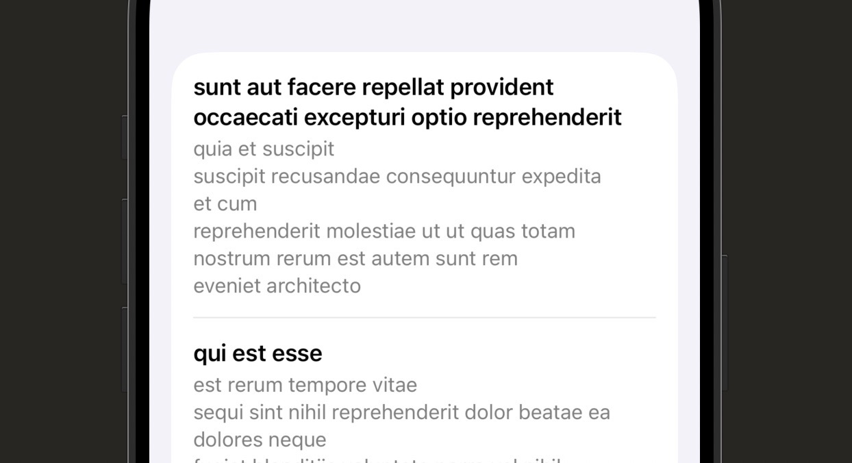 Simulator screenshot showing the List populated with post titles and body text after the fetch completes
