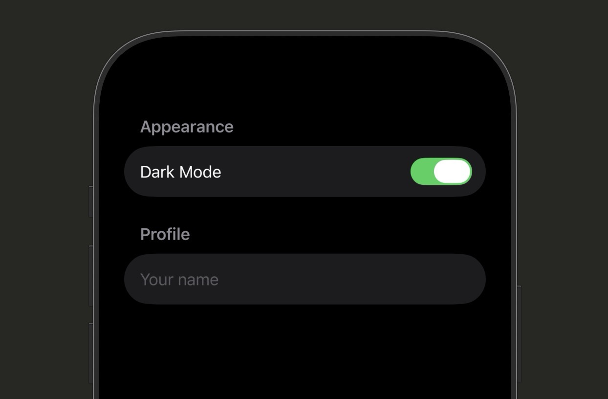 Xcode canvas preview showing a Form with a Dark Mode toggle and a name TextField. The toggle is on, and the preview has switched to dark mode.